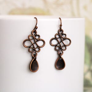 Rustic Copper Earrings, Dangle Teardrop Earrings With Filigree, Boho Copper Drop