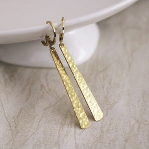 Long Gold Bar Earrings, Hammered Brass Huggie Hoops, Gold Dangle Earrings