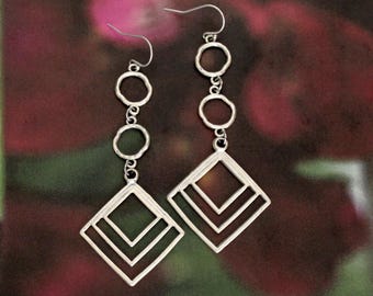 Silver Circle Earrings, Sterling Silver Ear Wires, Geometric, 3.25 Inches Long, Hammered Dangles