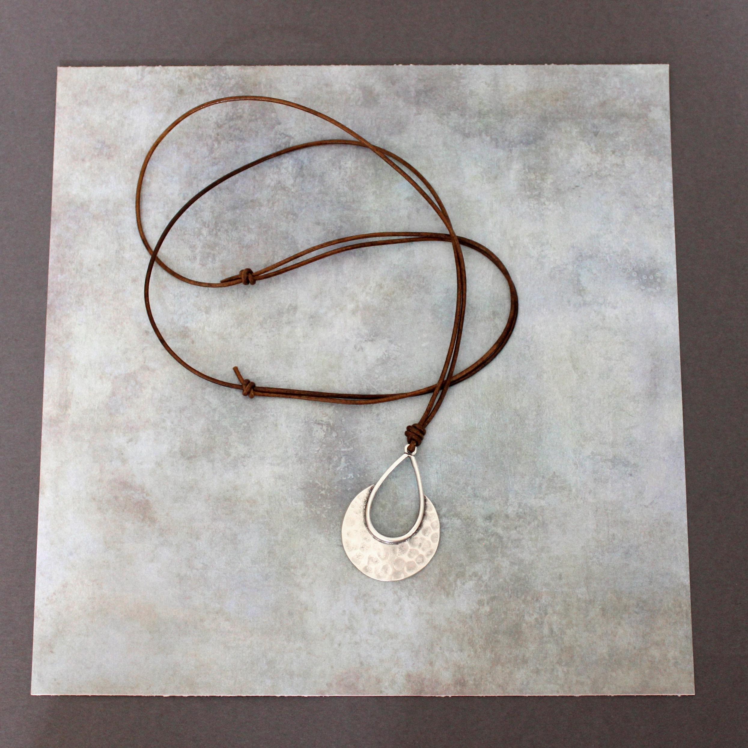 Braided Brown Leather Necklace with Silver-Tone Teardrop Pendant Boho Leather Necklace With Silver Teardrop Pendant, Brown or  main image 2
