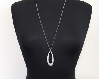 Long Silver Pendant Necklace, Hammered Oval, Stainless Steel Rolo Chain