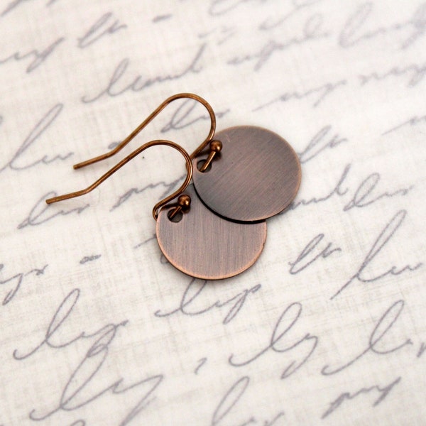 Minimal Antique Copper Disc Earrings, Petite Small Copper Drop Earrings, Lever Back, Kidney, French Ear Wires