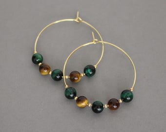 Green And Brown Tiger Eye Hoops, 18k Gold Plate