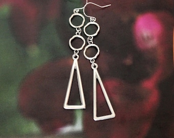 Long Geometric Earrings, Sterling Wires, Hammered Triangle Circle, Boho Hippie Jewelry 3 Inches Long