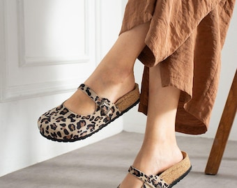 Leopard Print Leather Clog Sandals, Natural Cork Footbed Mules