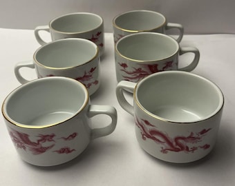 6x Vintage Golden China Pink Phoenix Tea Cup Mid Century Chinese Pocelain Clouds