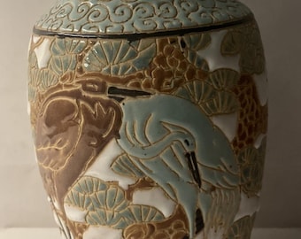 Vintage 12" Japanese Embossed Crane & Pine Ceramic Vase Pottery Moriage Style