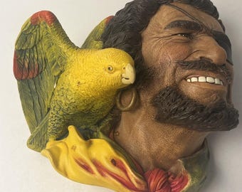 Vintage Bossons Buccaneer Chalkware Head Pirate Parrot England 1964 Wall Bust