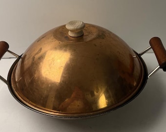 Vintage 14in Solid Copper Wok with Dome Lid & Wood Handles Cookware