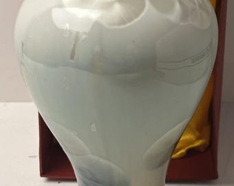 Vintage Blue Crystalline Glaze Studio Art Pottery Vase Boxed Set with Wood Stand