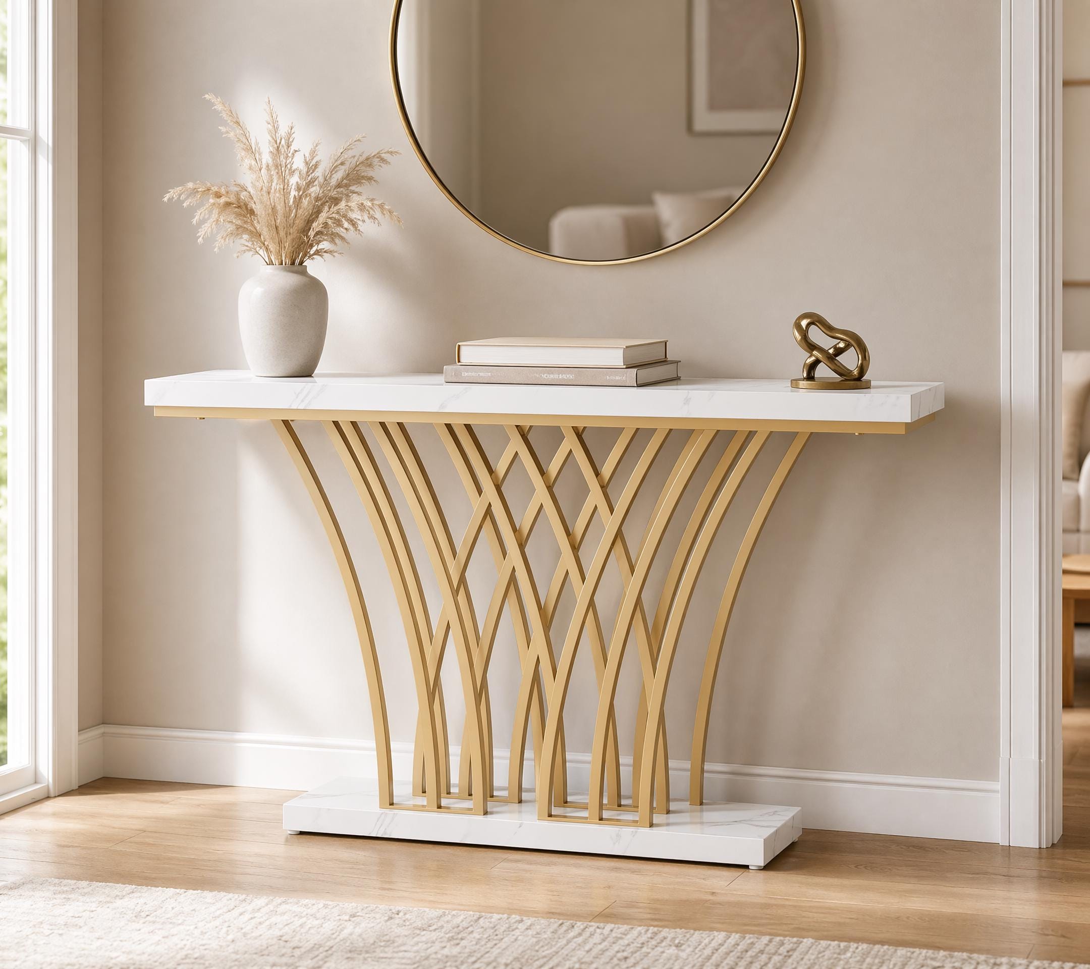 Table Console D'entrée Moderne - Base En Métal Doré, Dessus Imitation Marbre, Table De Canapé Couloir