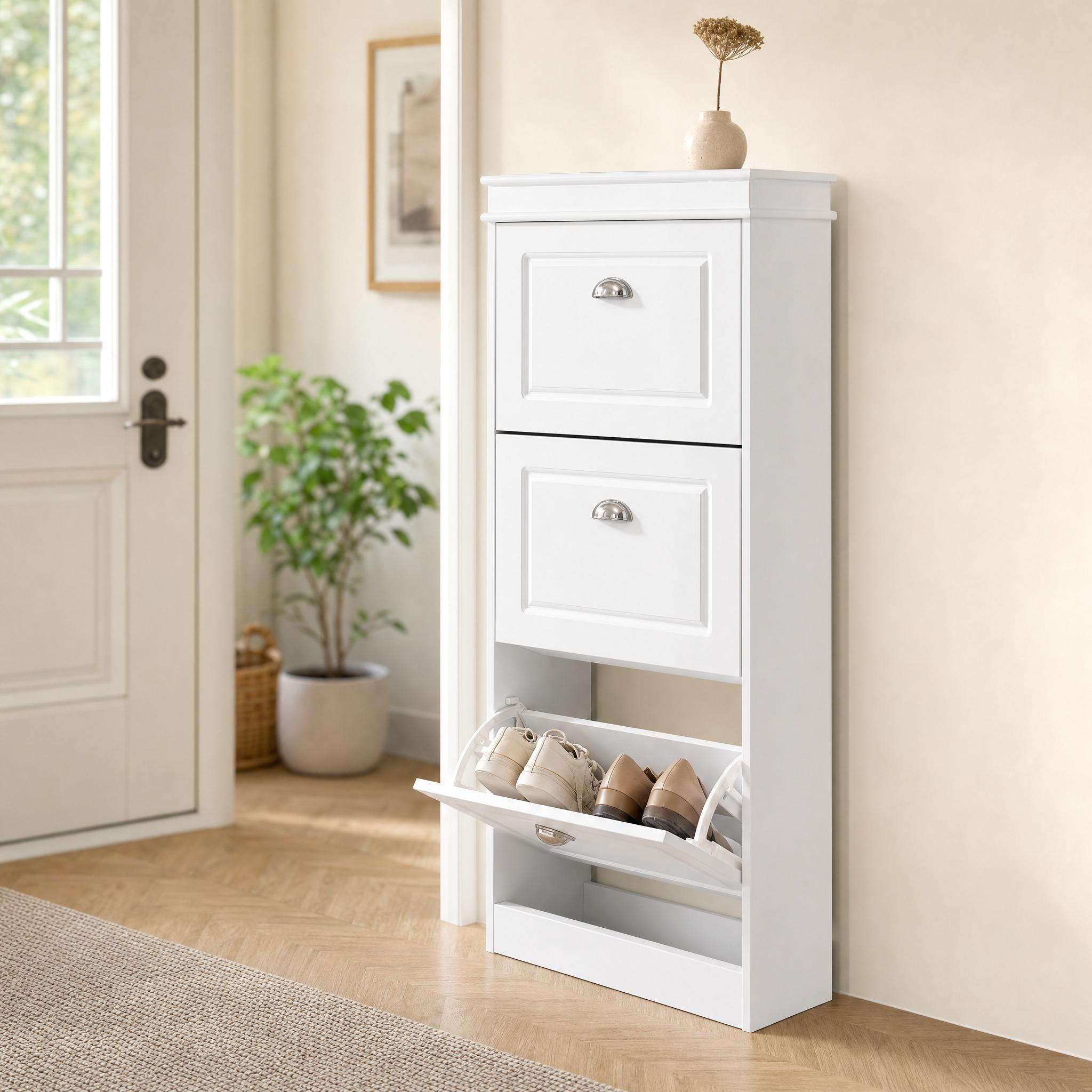 Meuble À Chaussures Avec 3 Tiroirs Rabattables - Étagère De Rangement Mince Pour Entrée, Blanc Gris Noir