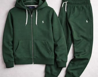 Mens Green Polo Fleece Tracksuit Hoodie Sweatpants Set Ralph Style Streetwear Outfit