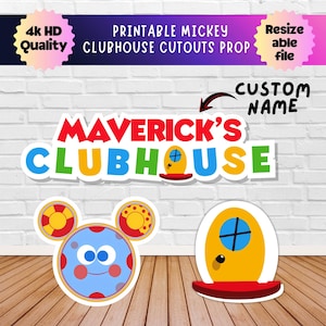 May include: A printable digital file featuring the text MAVERICK'S CLUBHOUSE in red, blue, yellow, and green. Below the text are two cutouts: a blue circular character with red ears and a yellow door with a blue window and red base.