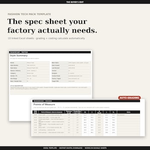 Może przedstawiać: Cyfrowy szablon karty technicznej mody z podsumowaniem stylu i tabelą punktów pomiarowych. Dokument zawiera tekst, taki jak The Buyer's Edit, Fashion Tech Pack Template, The spec sheet your factory actually needs oraz Auto-Grading.