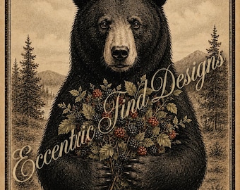 Vintage Black Bear/Berries Wall Art PDF Print
