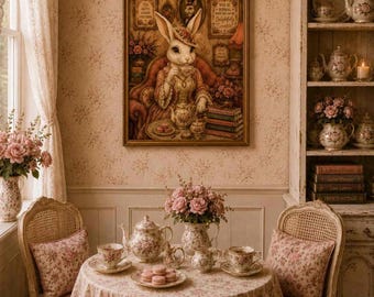 Victorian Tea Party Rabbit Matte Vertical Poster | Whimsical Animal Illustration