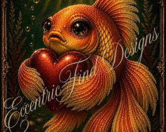 Lámina decorativa vintage con diseño de pez dorado/hembra en forma de corazón feliz (PDF)