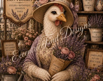 Lámina decorativa de pared con diseño de gallina francesa y floristería (PDF)
