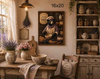 Bear Baker Illustration Matte Vertical Poster | French Bakery, Vintage Kitchen Art