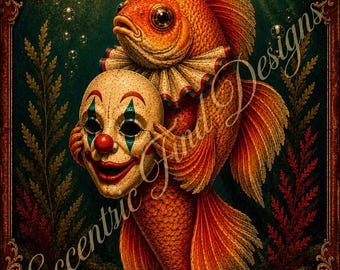 Lámina decorativa vintage "Detrás de la máscara" con diseño de pez dorado. Impresión en PDF.