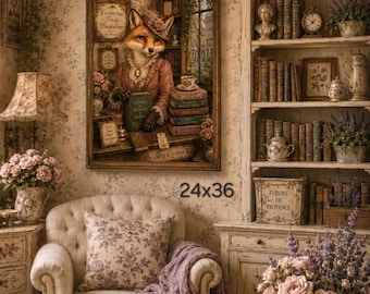 Victorian Fox Bookshop Poster | Matte Vertical Poster, Anthropomorphic Fox Illustration