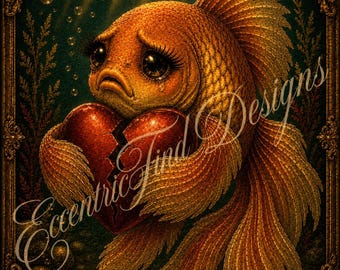 Lámina decorativa vintage con diseño de pez dorado con corazón roto/hembra para pared (PDF)