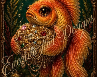 Lámina decorativa vintage con diseño de pez dorado para pared (PDF)