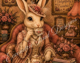 Decorazione murale con coniglietto per il tè / Stampa artistica stravagante / Stile cottagecore vintage / DOWNLOAD DIGITALE