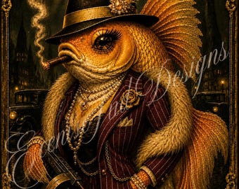 Lámina decorativa vintage de gánster con pez dorado/mujer para pared (PDF)