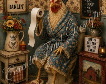 Lámina decorativa para baño estilo granja con gallina blanca (PDF)