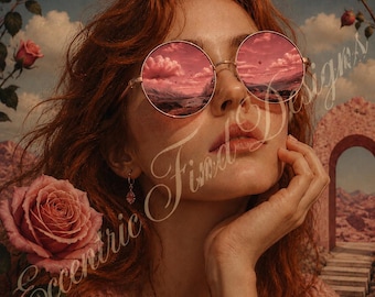 Attraverso occhiali rosa - Donna dai capelli rossi / DOWNLOAD DIGITALE / Quadro da parete rosa da sogno / Decorazione femminile / Arte murale surreale