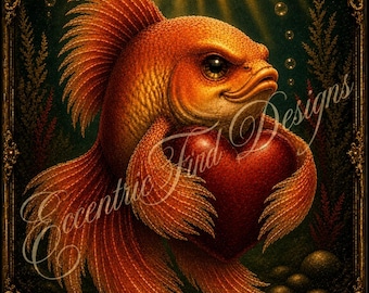 Lámina decorativa vintage con diseño de pez dorado/macho en forma de corazón feliz. Impresión en PDF.
