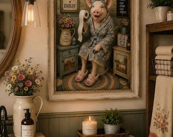 Country Pig Farmhouse Bathroom | PHYSICAL PRINT | Farmhouse Wall Art, Rustic Country Decor