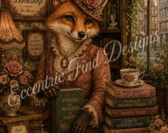 Decorazione murale con volpe in libreria / Stampa artistica stravagante / Stile cottagecore vintage / DOWNLOAD DIGITALE