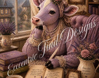 Lámina decorativa en PDF con diseño de vaca lavanda y temática de días lluviosos.
