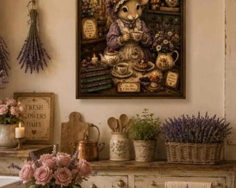 Vintage Tea Party Mouse Matte Vertical Poster | Cottagecore Animal Art