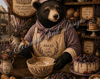 Decorazione murale con orso nero e panettiere / Stampa artistica stravagante / Stile cottagecore vintage / DOWNLOAD DIGITALE