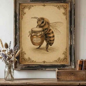 Może przedstawiać: Oprawiony wydruk artystyczny przedstawiający szczegółową ilustrację pszczoły trzymającej szklany słoik z etykietą HONEY. Grafika znajduje się na beżowym tle z ozdobną ramką, w postarzanej, ciemnobrązowej drewnianej ramie.