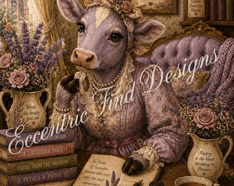 Lámina decorativa en PDF con la frase "Pensamientos profundos del poeta Lavender Cow"