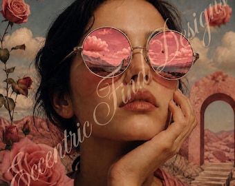 Through Rose-Colored Glasses-Brunette Woman | DIGITAL DOWNLOAD | Dreamy Pink Wall Art | Feminine Decor | Surreal Wall Art