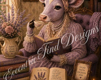 Lámina decorativa en PDF con diseño de vaca lavanda tomando té.
