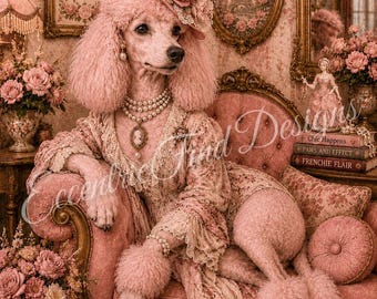 Lámina decorativa en PDF con diseño de una heredera caniche rosa rubor.