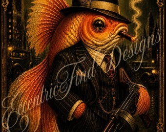 Lámina decorativa vintage con diseño de pez dorado/macho gánster para pared (PDF)