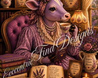 Lámina decorativa en PDF con diseño de vaca lavanda brillante.