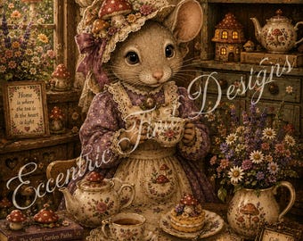 Decorazione murale con topolini per il tè / Stampa artistica stravagante / Stile cottagecore vintage / DOWNLOAD DIGITALE