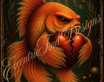 Lámina decorativa vintage con diseño de pez dorado con corazón roto/macho para pared (PDF)
