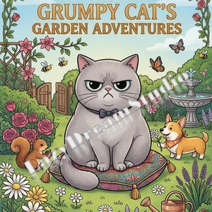 May include: A coloring book cover titled 20 PAGES OF GRUMPY CAT'S GARDEN ADVENTURES featuring a gray cat with a bow tie sitting on a patterned pillow in a garden with a squirrel, a corgi, a fountain, flowers, bees, and butterflies.