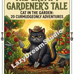 May include: A coloring book cover titled The Grumpy Gardener's Tale Cat in the Garden: 20 Curmudgeonly Adventures. It features a black cat wearing a hat, holding a small garden trowel in a garden with roses, vegetables, and a wheelbarrow.