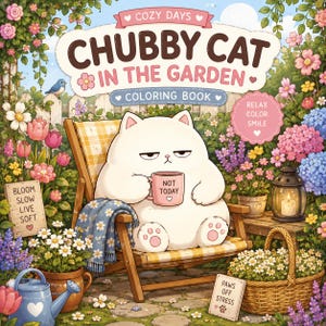 May include: A coloring book titled Chubby Cat in the Garden featuring a white cat sitting in a wooden chair holding a pink mug that says Not Today. The cover includes text reading Bloom Slow Live Soft, Paws Off Stress, and Relax Color Smile.